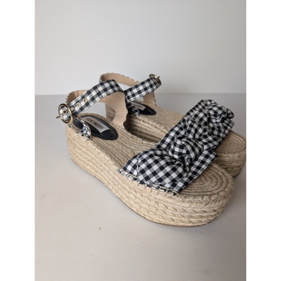 Steve Madden Union Espadrilles Shoes Gingham Bow Black White Size 8M Summer - Picture 1 of 12